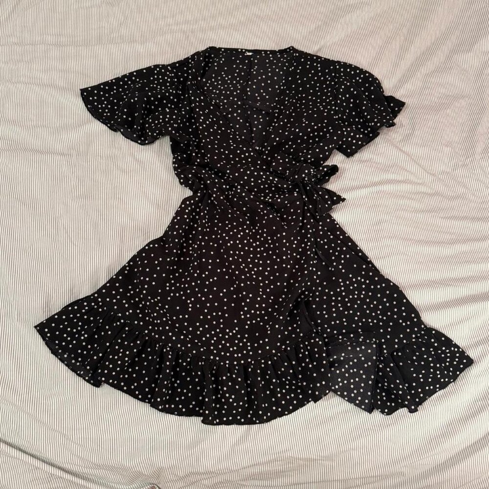 Black and white polka dot wrap dress